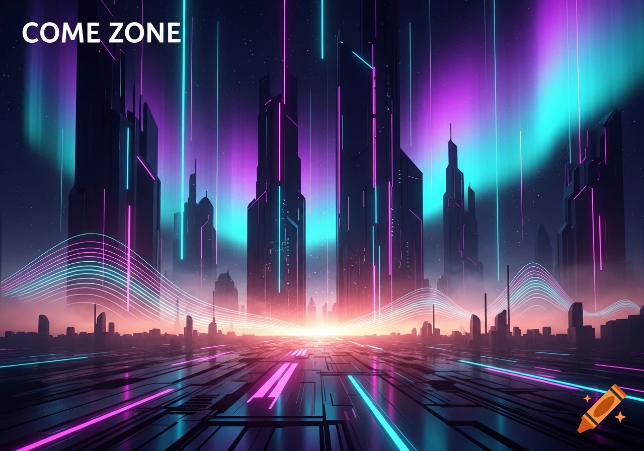 A vibrant synthwave futuristic city at night, with towering skyscrapers, glowing neon lights, and a reflective ground, with the text "COME ZONE".