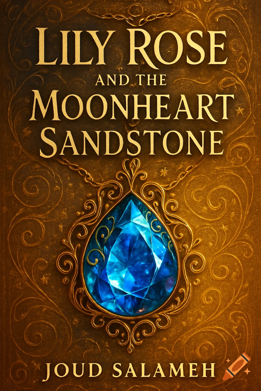 Book cover for 'Lily Rose and the Moonheart Sandstone' by Joud Salameh, featuring a large blue diamond in a golden ornate setting on a gold swirly background.