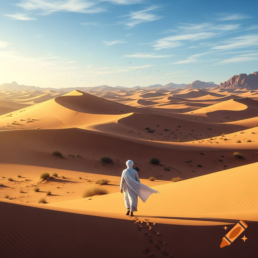 A person in a white robe walks across golden sand dunes under a blue sky, leaving footprints.