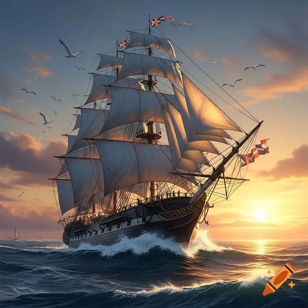 A large, multi-masted sailing ship with full white sails crests a wave in a vast ocean at sunset, with seagulls flying against a colorful sky.