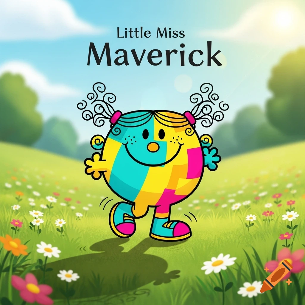 A happy, round, multi-colored Little Miss Maverick cartoon character walks through a sunny green field with flowers, text 'Little Miss Maverick'.