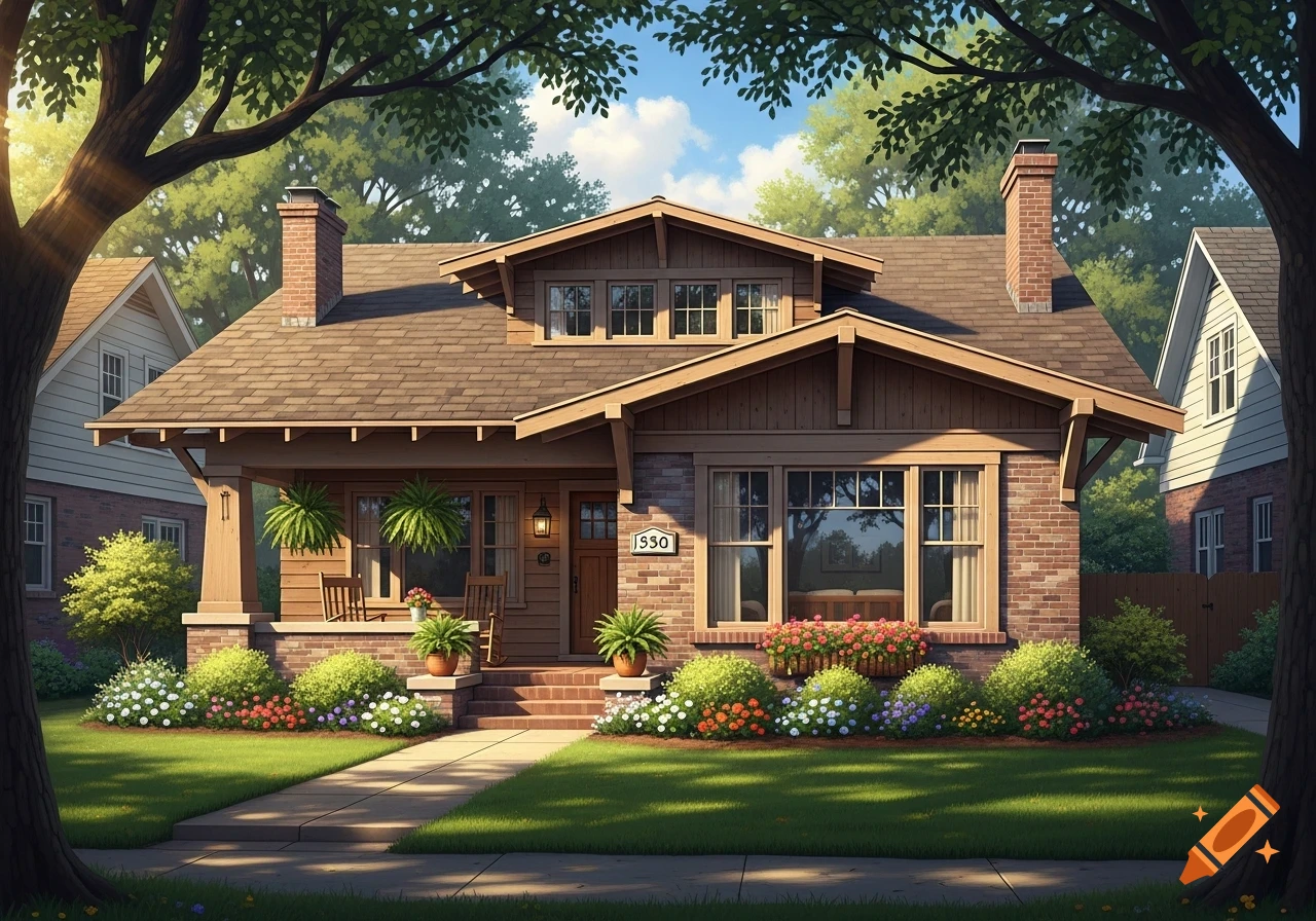 A charming Craftsman-style house with a front porch, red brick accents, and a vibrant garden under a sunny sky, depicted in an illustrative style.