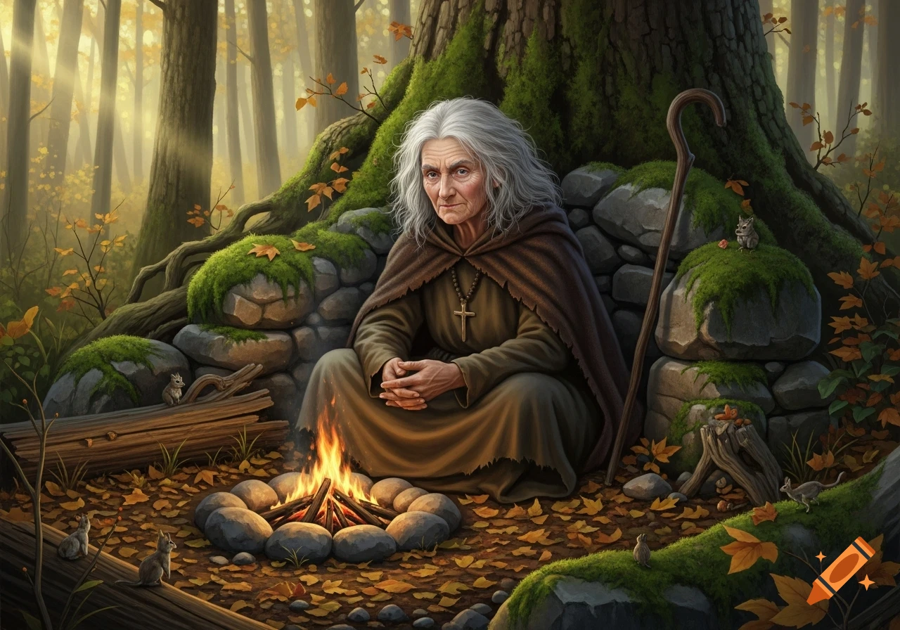 A grey-haired old woman with a cross necklace sits by a campfire in an autumnal forest, surrounded by small animals.