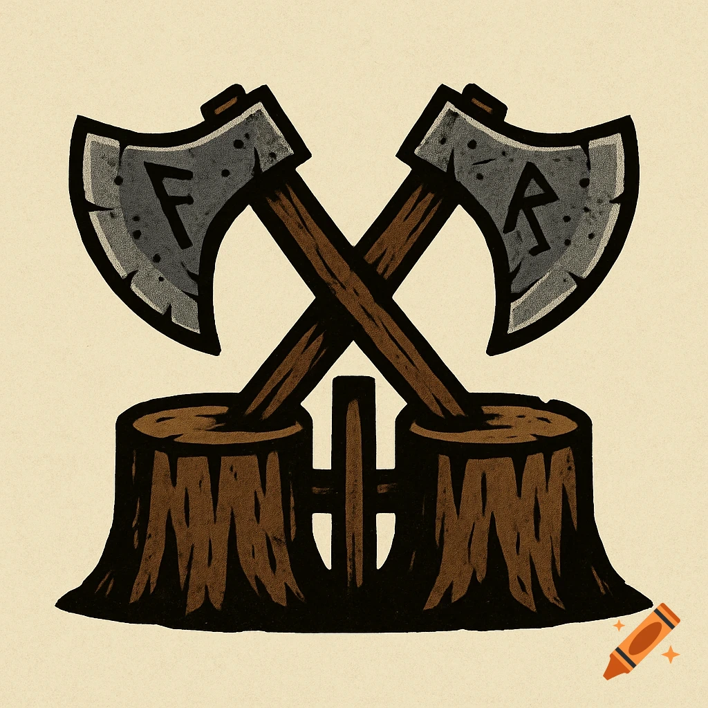 Symmetrical medieval-style logo featuring two crossed battle axes with runes, embedded in wooden stumps.