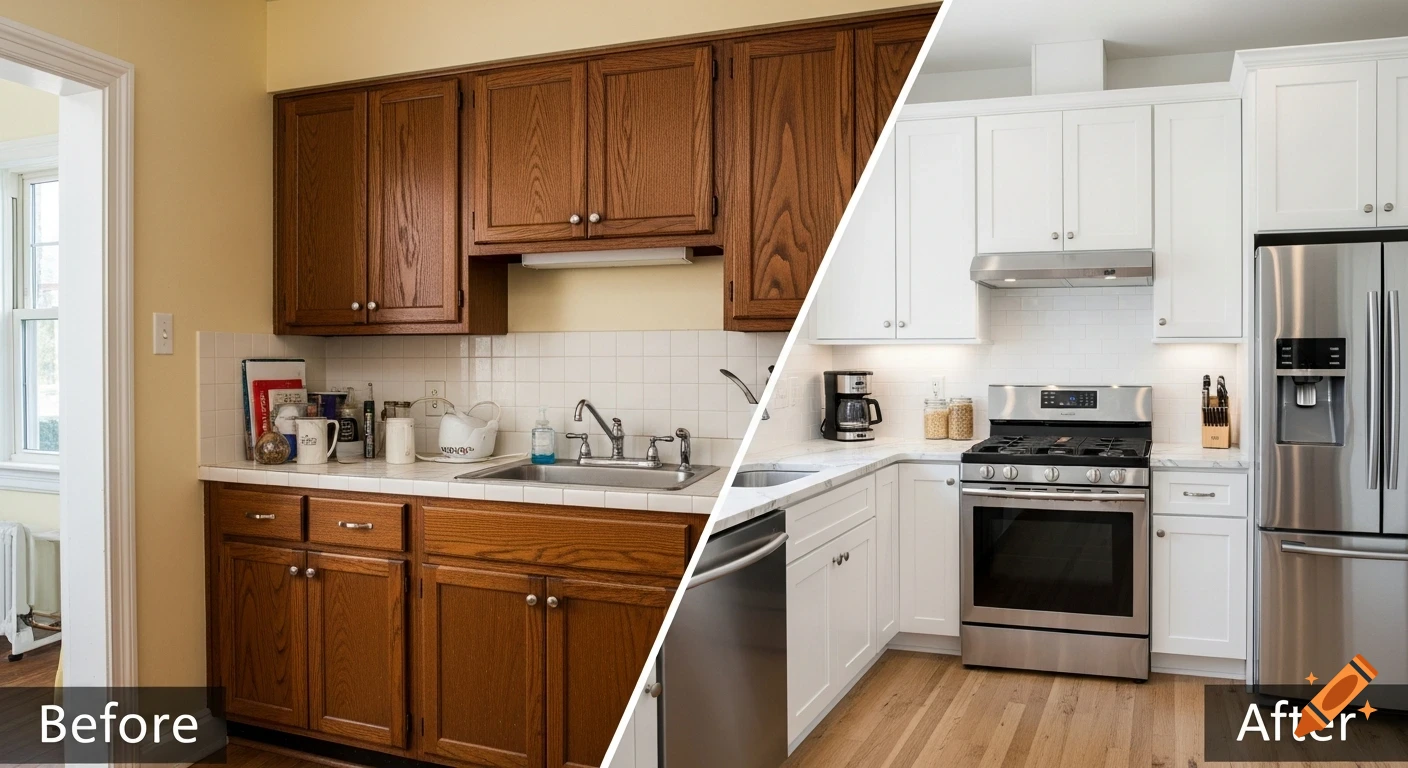 Photorealistic split-screen comparing a dark, outdated kitchen with yellow walls to a bright, modern kitchen with white cabinets and stainless steel appliances.
