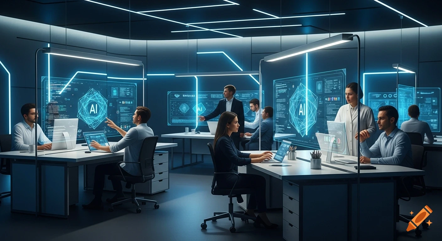 People work in a futuristic tech lab, interacting with glowing holographic screens displaying AI concepts and code in a semi-realistic digital art style.