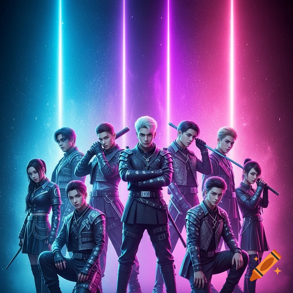 A stylized group of nine K-pop-inspired 'demon hunters' in dark, futuristic outfits pose against a background of glowing blue and pink neon lights.