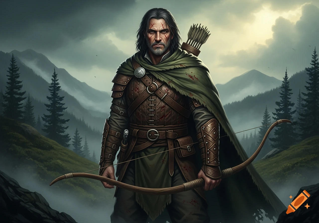 A rugged male ranger with a bow and arrow quiver stands in a misty mountain forest. He wears leather armor and a green cloak.