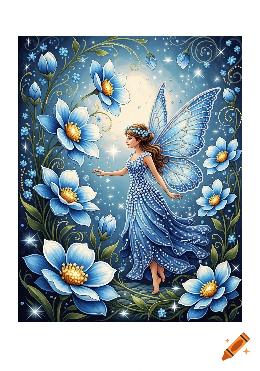 A whimsical fairy with blue wings and a blue dotted dress stands among large blue and white flowers, sparkling, in an illustrated magical garden.