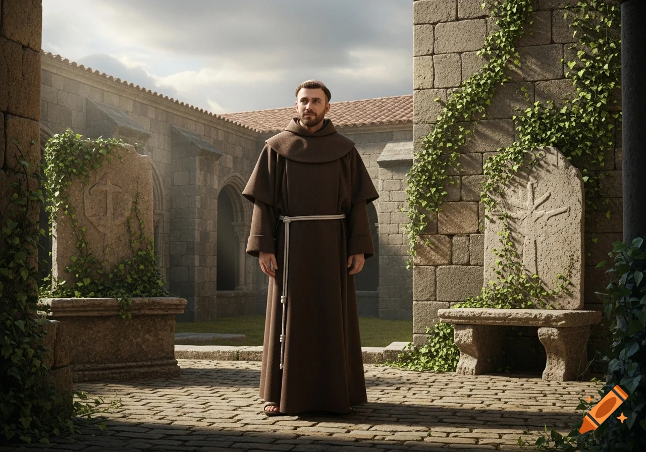 A friar in a brown robe and sandals stands in a sunlit stone courtyard with ivy-covered walls and ancient carved monuments.