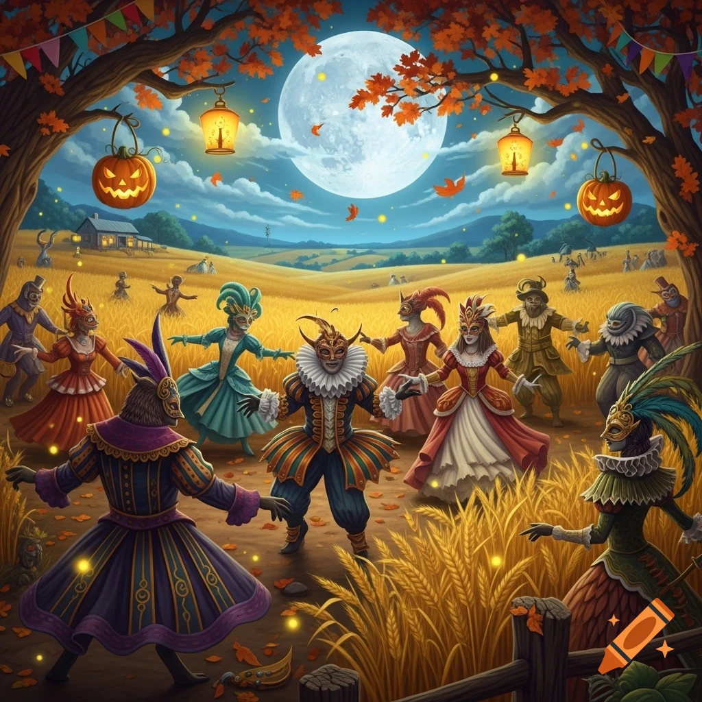 Vibrant fantasy illustration of masked figures dancing in a golden field under a full moon, with pumpkin lanterns and autumn trees.