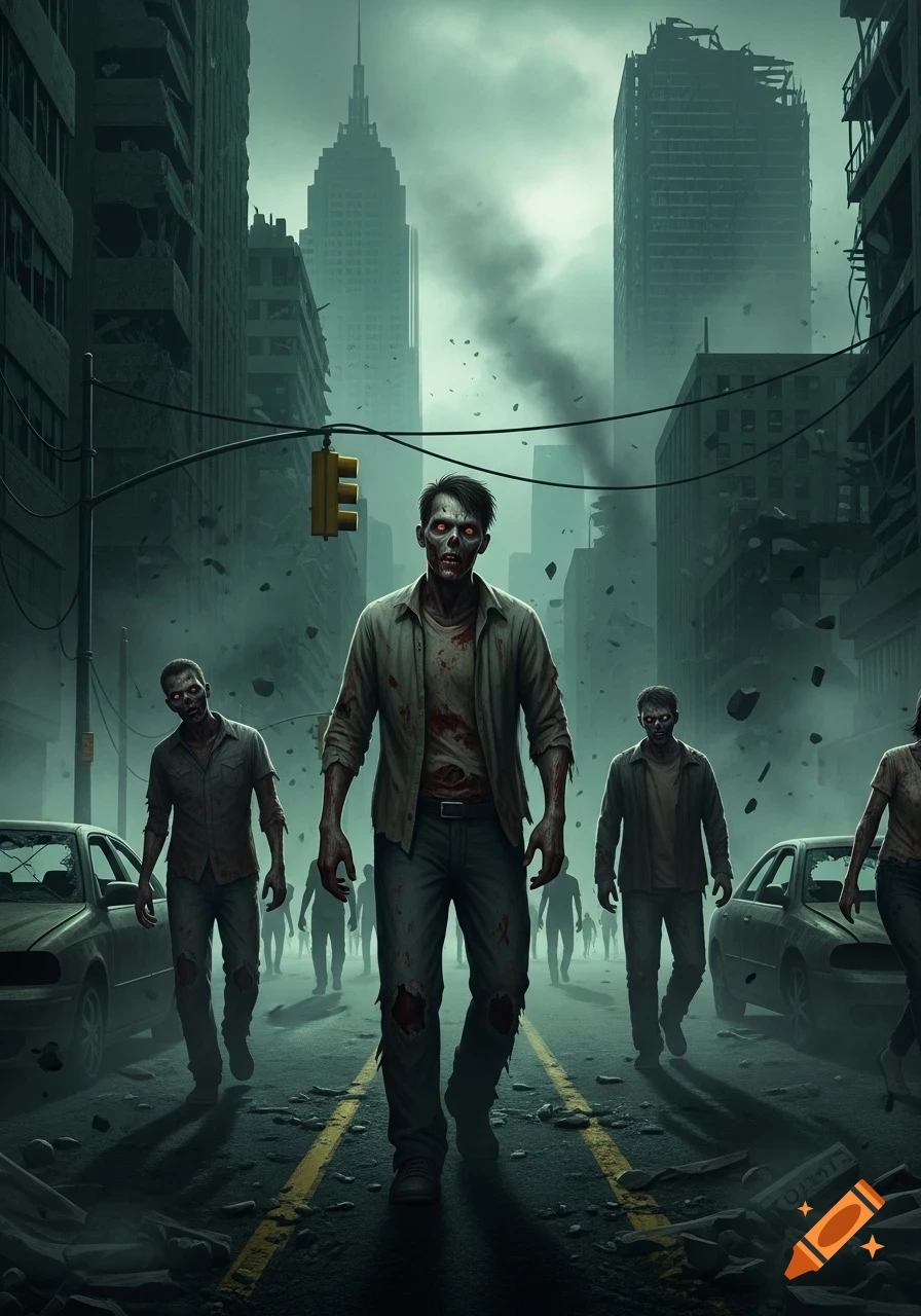 Zombies with glowing red eyes walk down a destroyed city street under a dark, smoky sky.