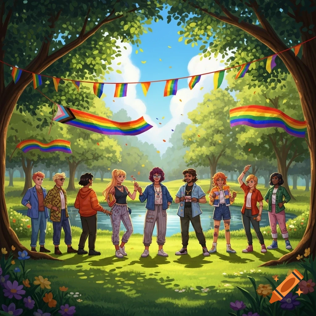 A diverse group of animated people standing in a sunny park adorned with Pride flags.