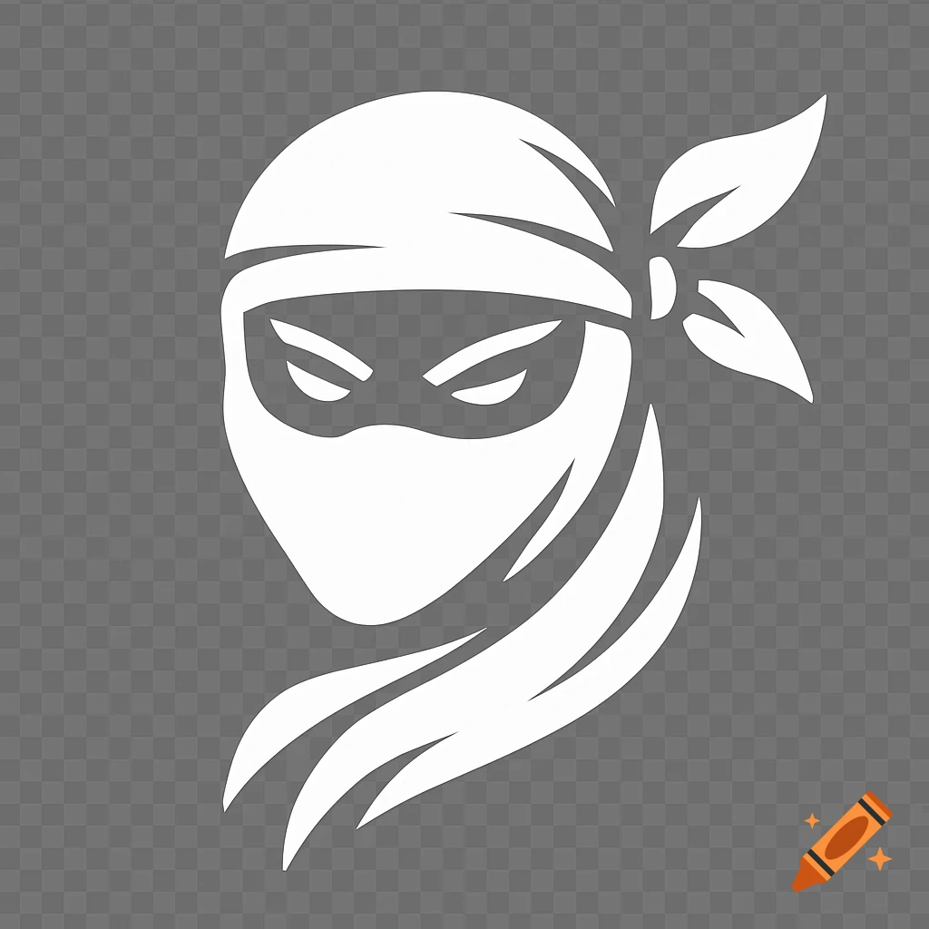 A stylized white ninja head logo with a mask and a headband tied with leaves, on a transparent background.