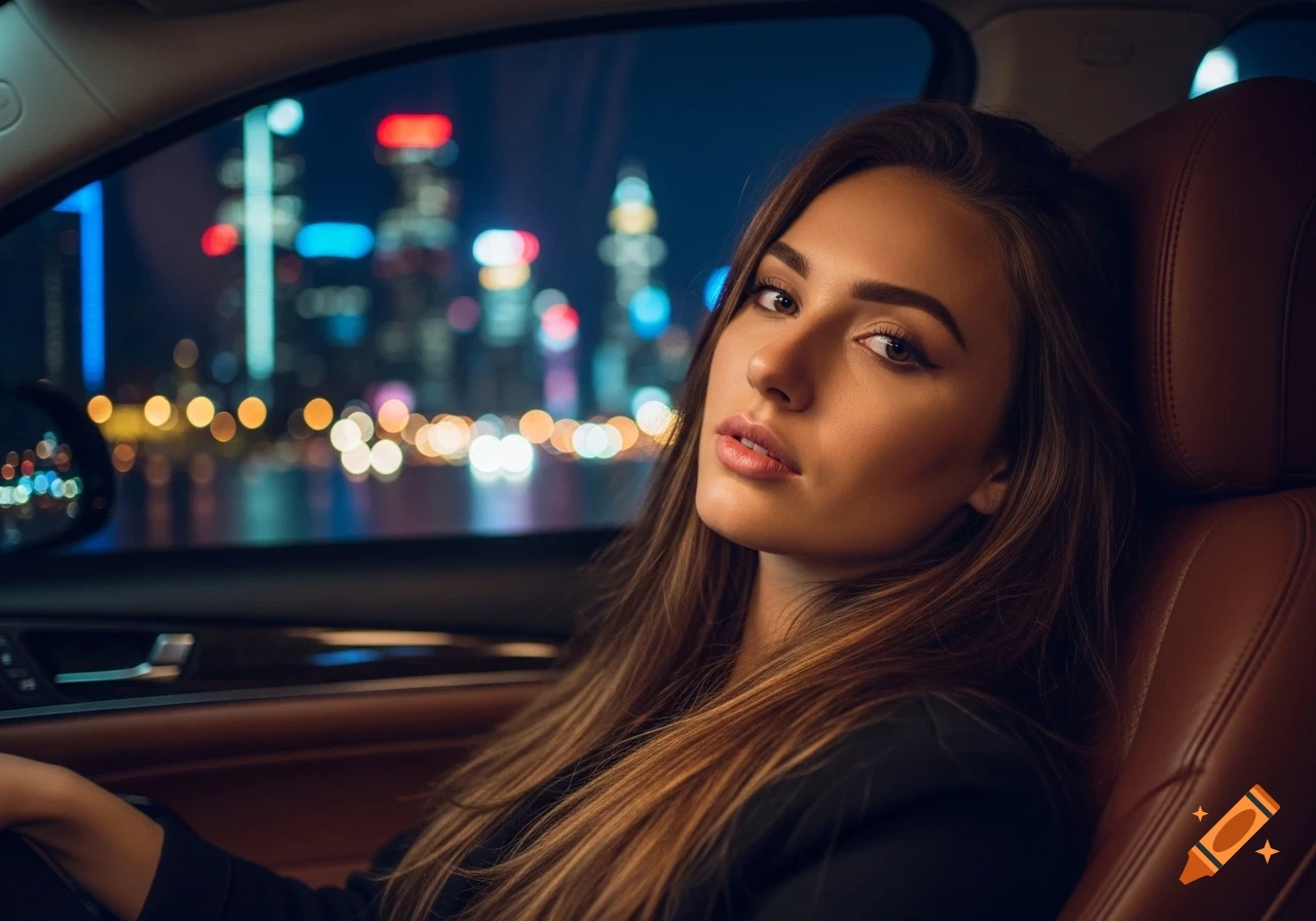 Young woman in a luxury car at night with city lights bokeh in the background. Photorealistic style.
