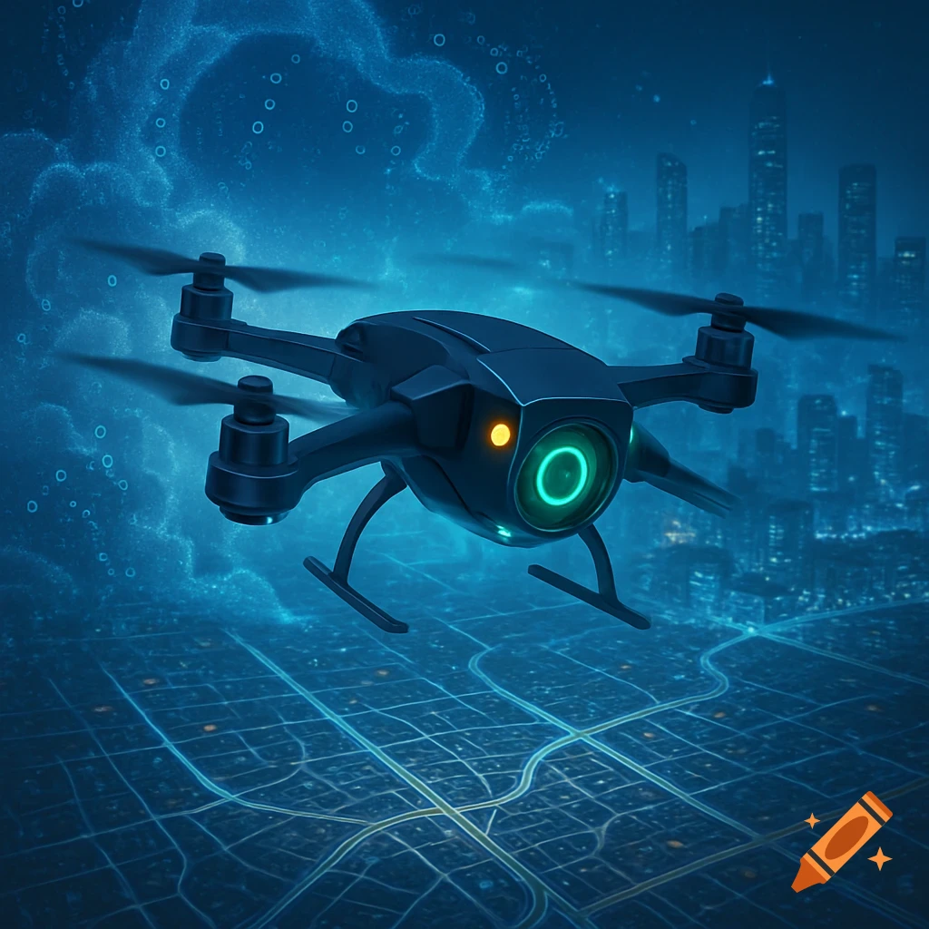 A sleek, black futuristic drone with glowing green and orange lights hovers above a dark blue, grid-patterned city at night.