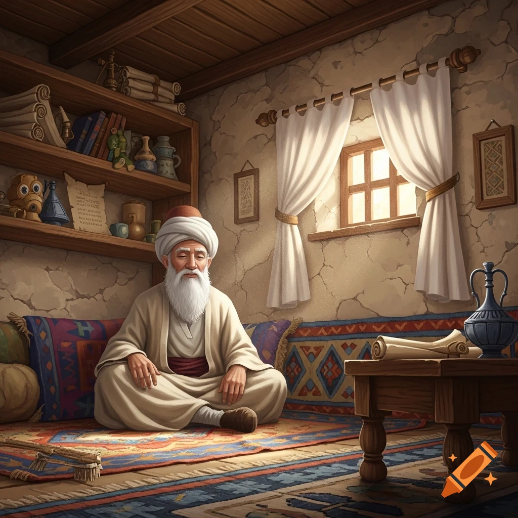 An old man with a long white beard and a turban sits cross-legged on a patterned rug in a traditional, warmly lit room.