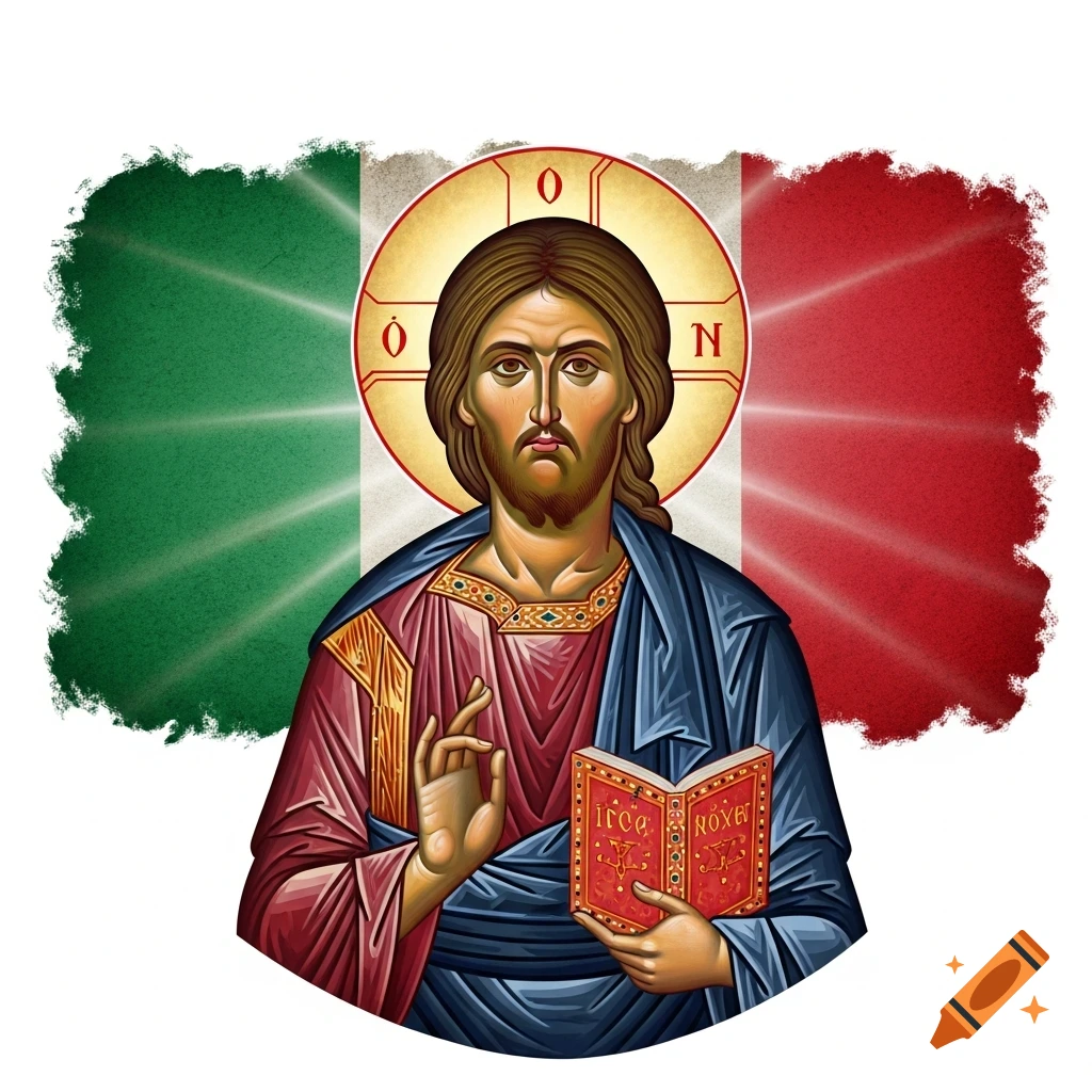 An icon of Jesus Christ with a halo and a red book, set against a background of the Italian flag.