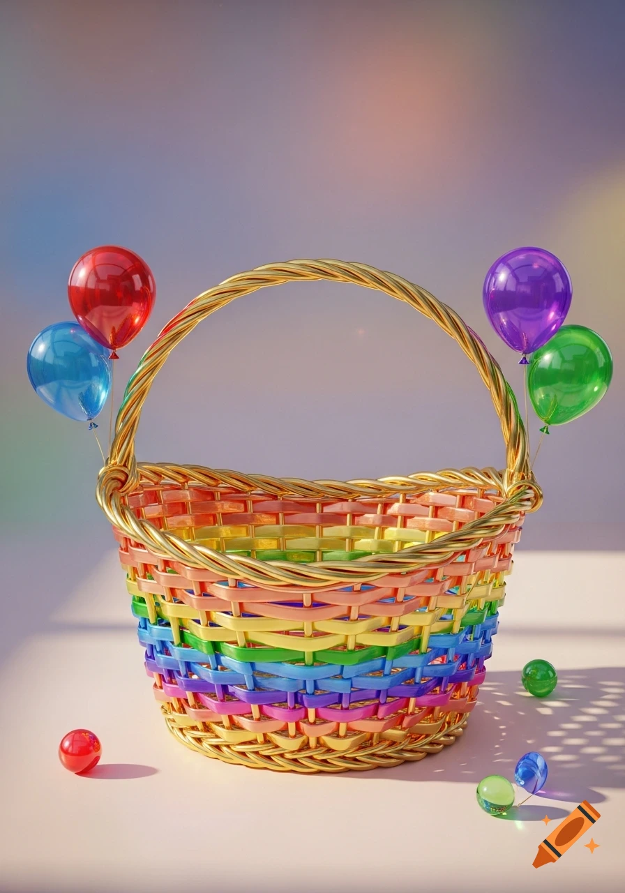 A photorealistic rainbow-colored woven basket with a golden handle, surrounded by colorful balloons and marbles.