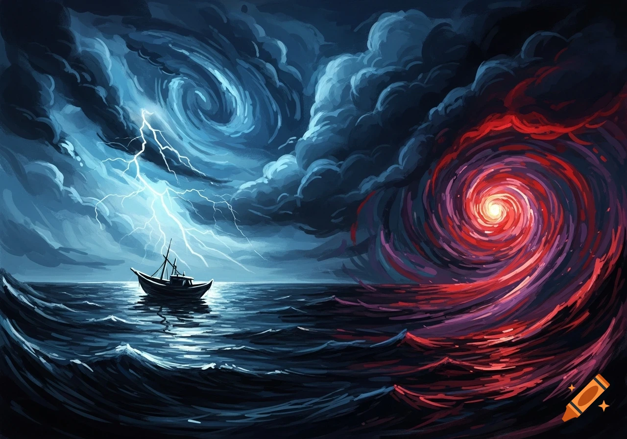 Abstract painterly depiction of a small boat on a stormy sea under a sky split between a blue lightning storm and a red vortex.