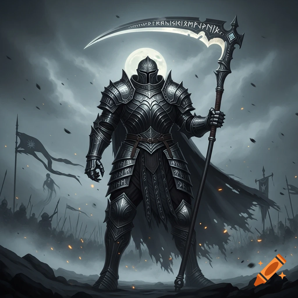 A formidable dark knight in full plate armor holds a large scythe under a full moon, on a battlefield with shadowy figures.
