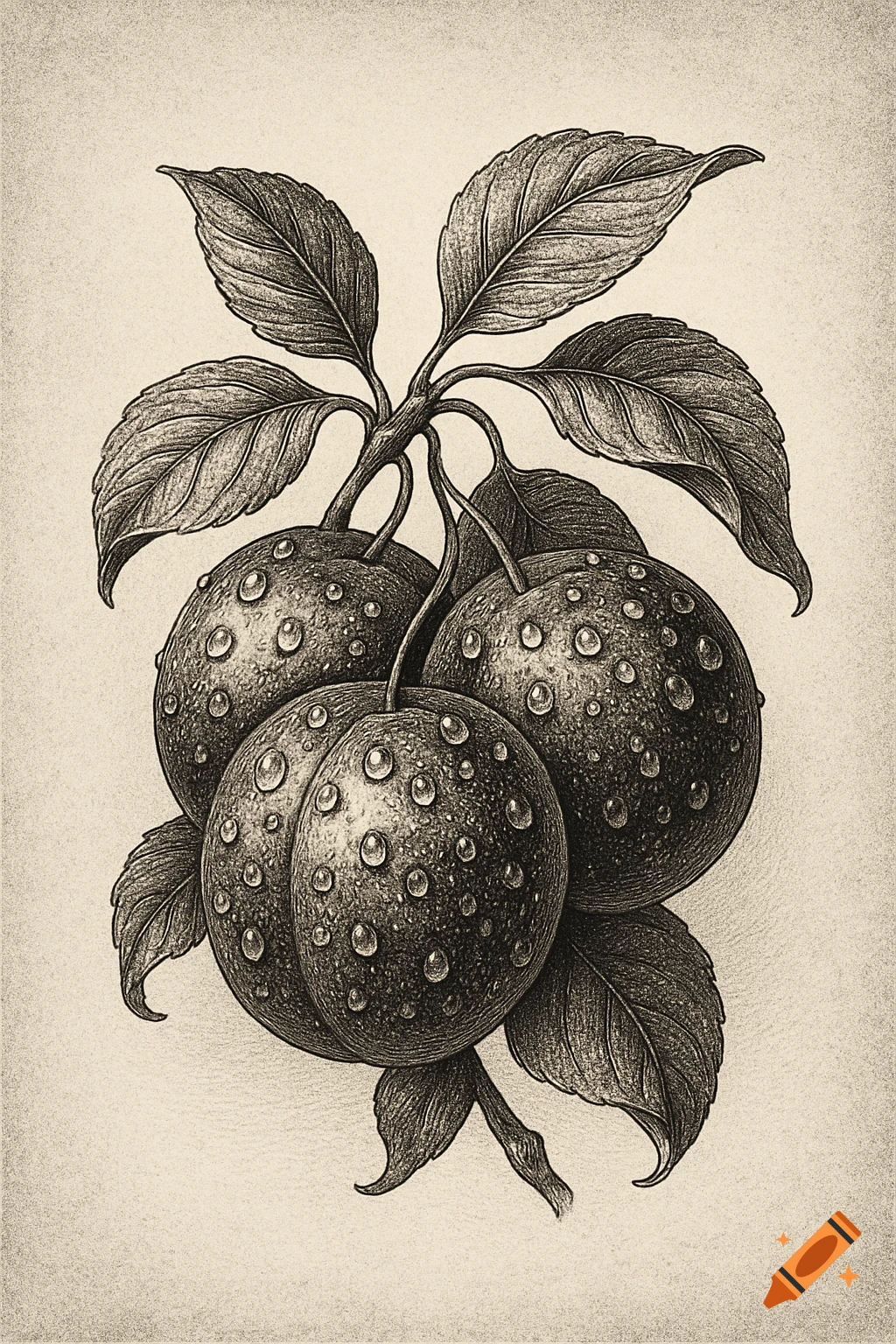 Detailed black and white drawing of dew-covered plums and leaves on a branch.