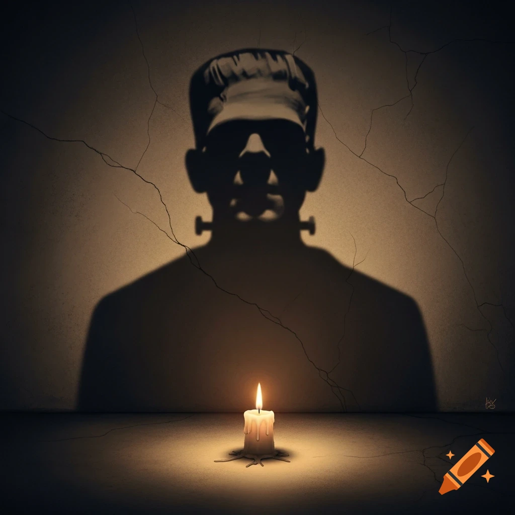 A shadow of Frankenstein's monster with bolts in its neck looms on a cracked wall, illuminated by a single flickering candle.