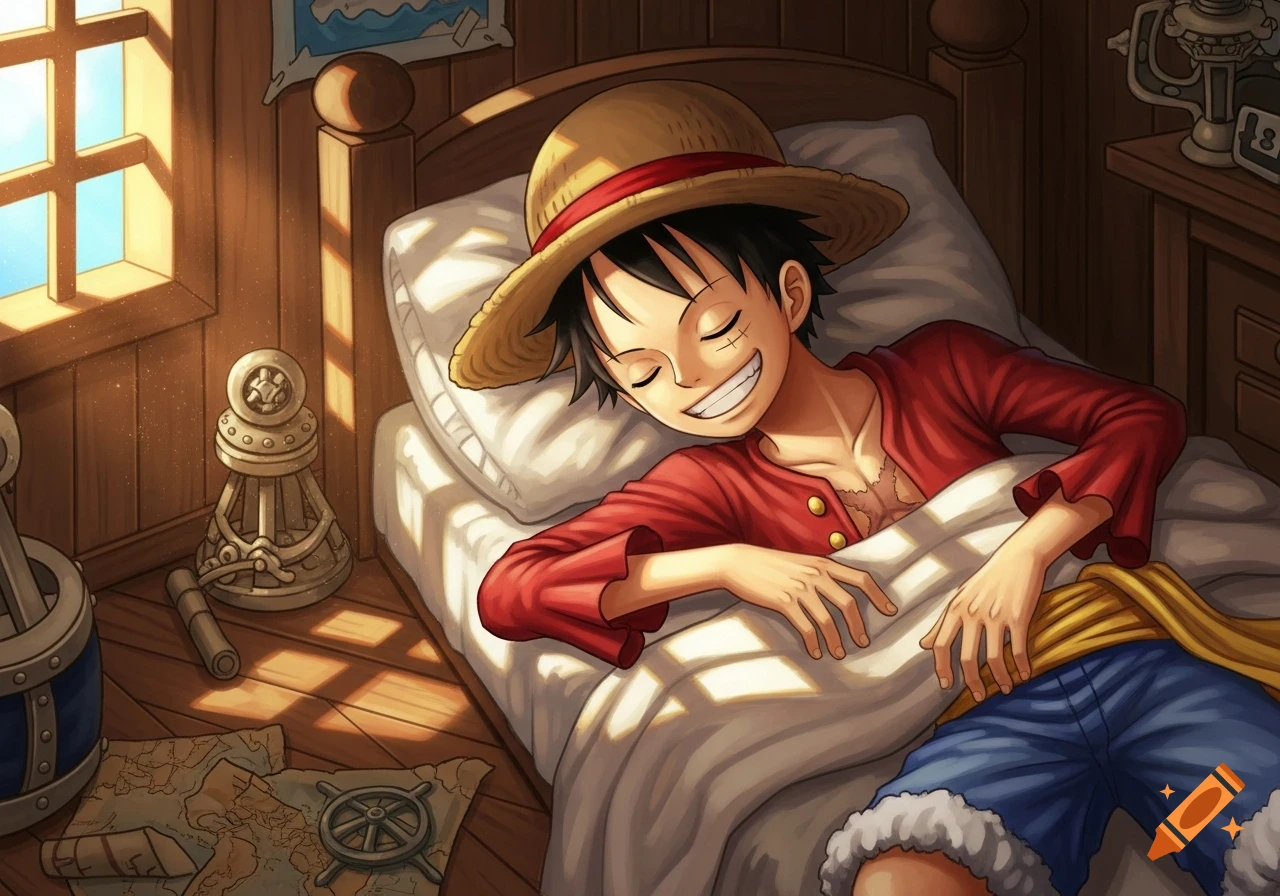 Anime character Luffy sleeps peacefully in a sunlit wooden room, wearing his straw hat and red shirt.