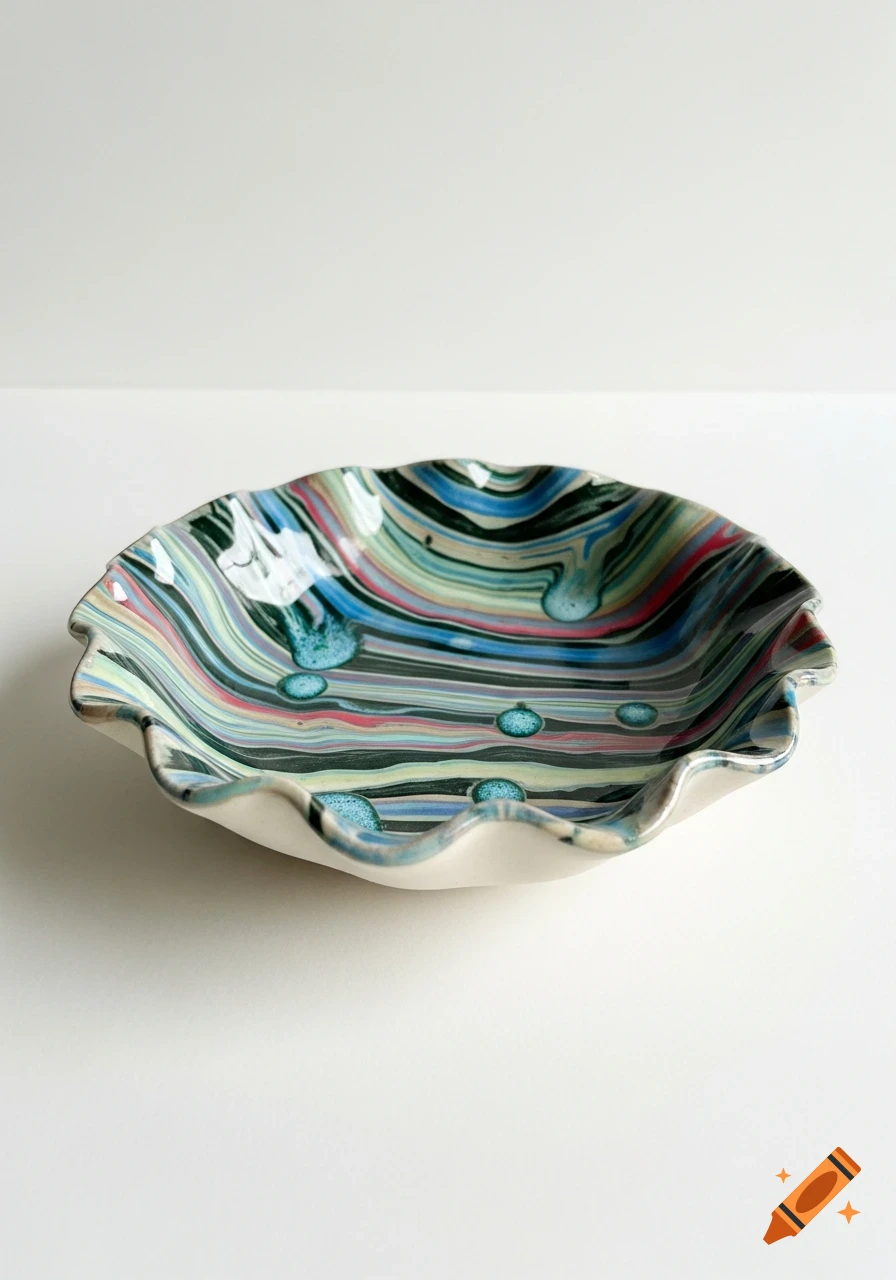Wavy ceramic dish with swirled blue, green, pink, and black glaze, featuring raised blue dots, on a white background.