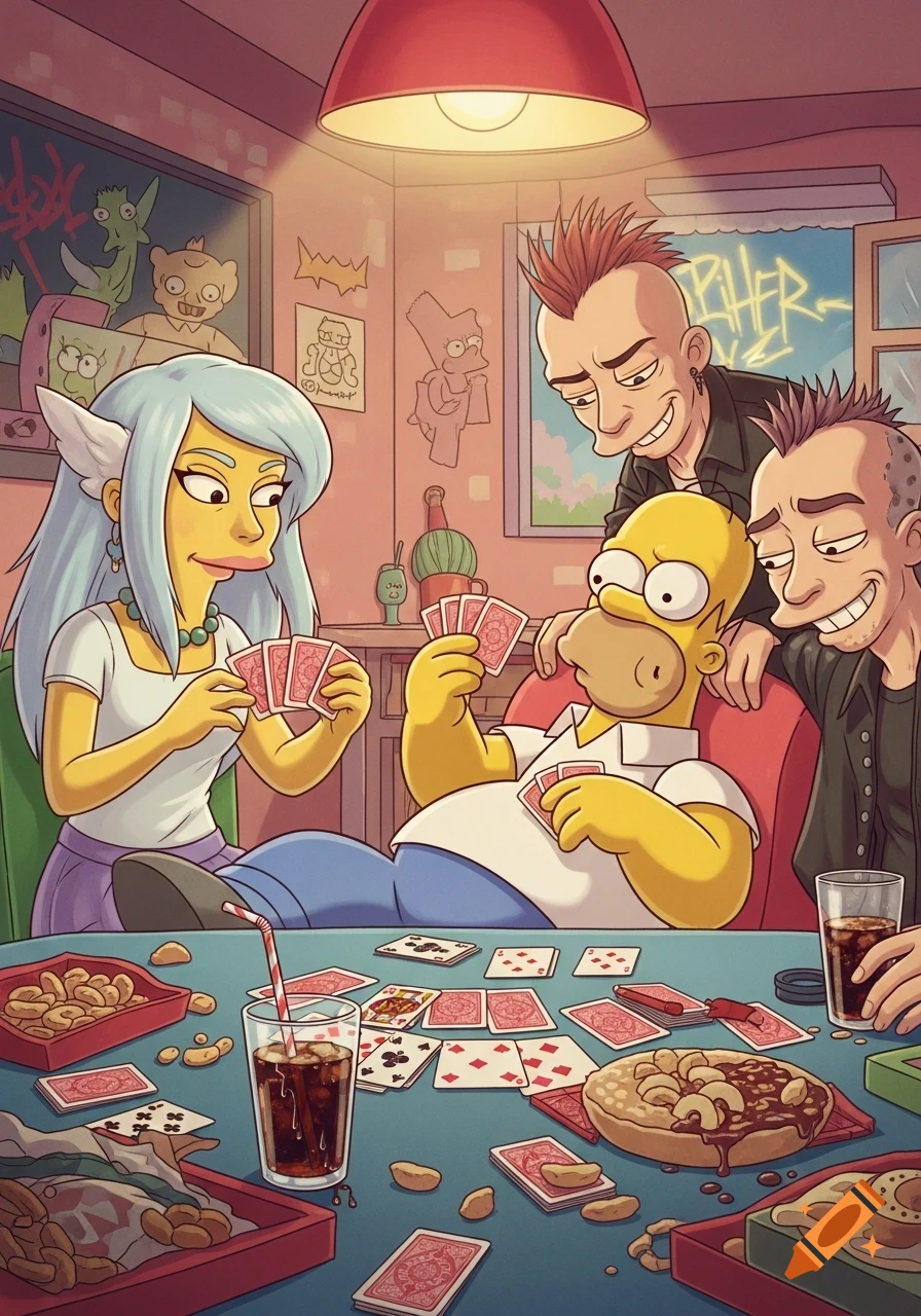 Homer Simpson, a female character with long blue hair and wing-like ears, and two male punk characters play cards around a table filled with snacks and drinks.