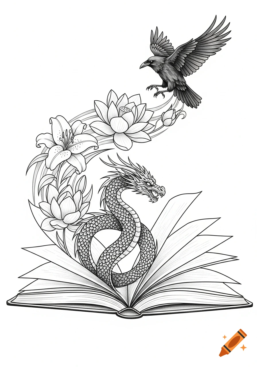 Black and white fine line tattoo design of an open book with pages transforming into a coiled dragon, lily and lotus flowers, and a flying raven.