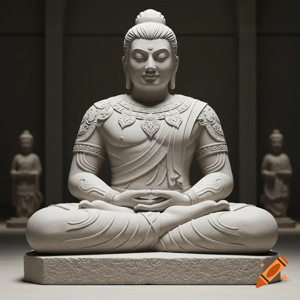 A detailed white stone statue of a meditating figure, sitting cross-legged with hands in lap, in a museum setting.