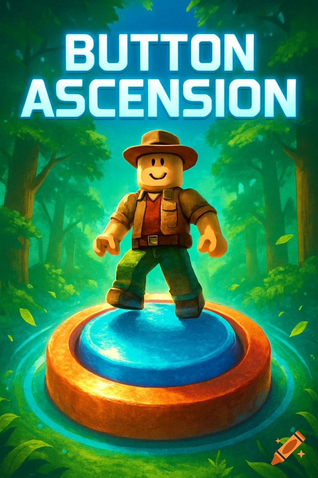 Roblox-style character in a brown hat and green pants standing on a blue button in a lush forest with 'BUTTON ASCENSION' text.
