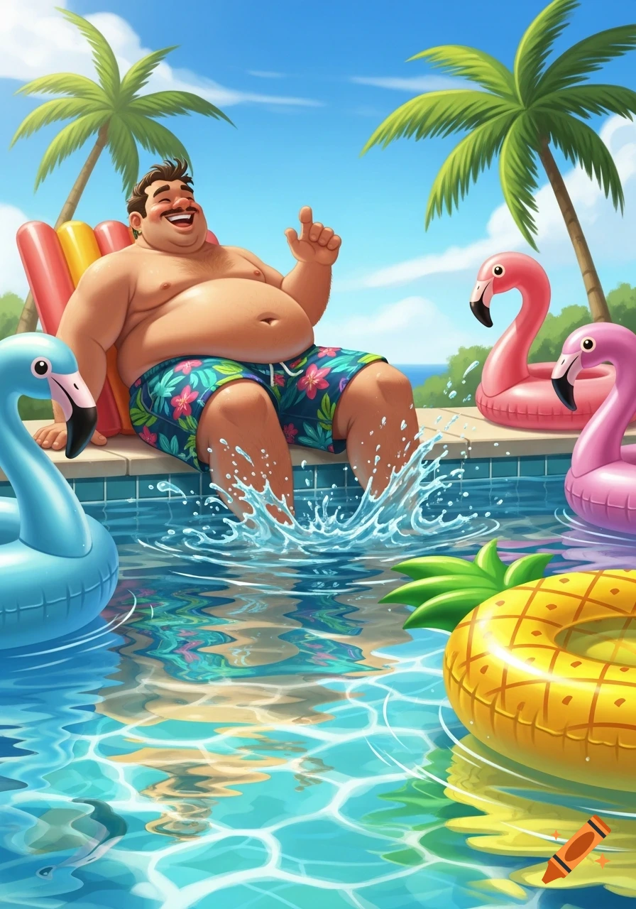 A cheerful, overweight man splashes his feet in a bright blue pool, with inflatable flamingos and palm trees in a vibrant cartoon style.