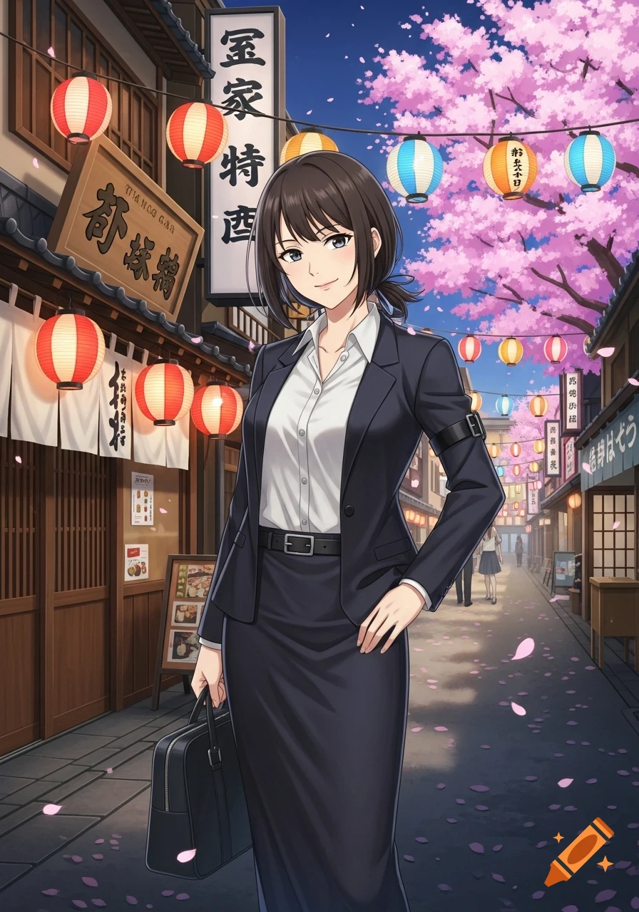 An anime woman in a black business suit smiles while holding a briefcase on a Japanese street with cherry blossoms and lanterns at night.
