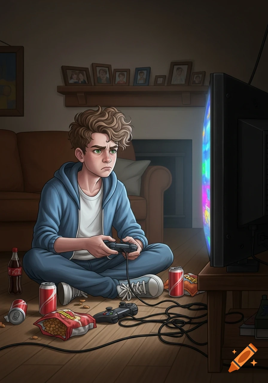 A curly-haired boy with a frustrated expression sits on the floor playing video games, surrounded by soda cans and a bag of chips.