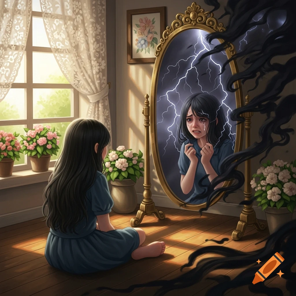 A girl sits on a floor, looking into a mirror that reflects a crying, lightning-filled image of herself, amidst a bright room with flowers.