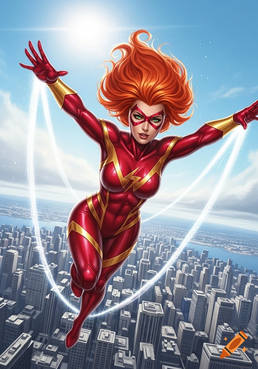 A red-headed woman superhero in a red and gold suit flies over a city ...