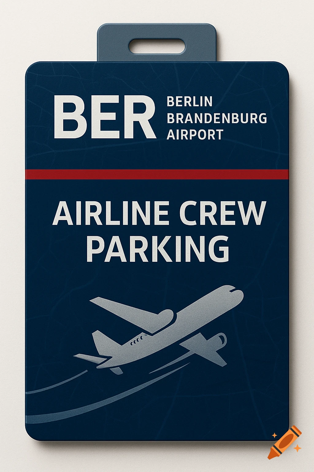 A blue rectangular airport parking pass for Berlin Brandenburg Airport (BER) Airline Crew Parking, with a silver airplane silhouette.