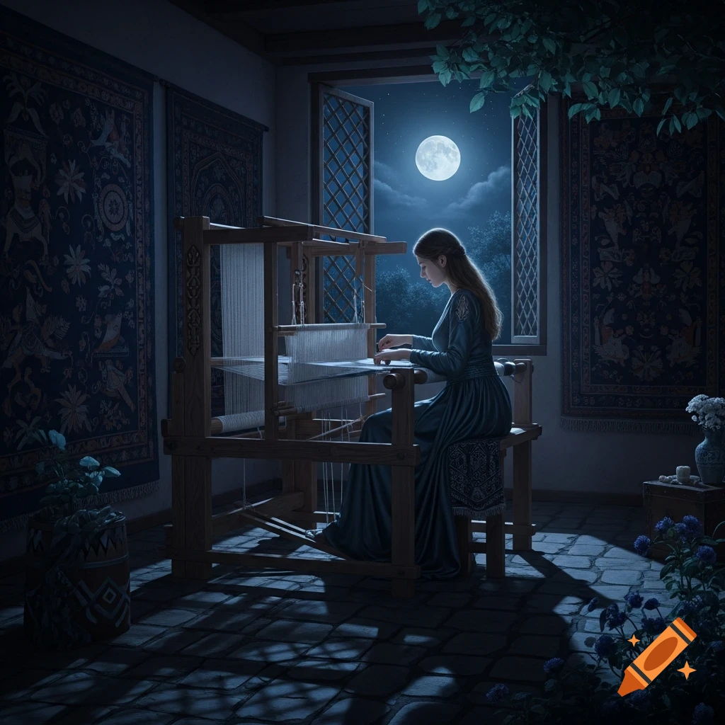 A woman in a medieval dress weaving on a large loom by moonlight, with ...