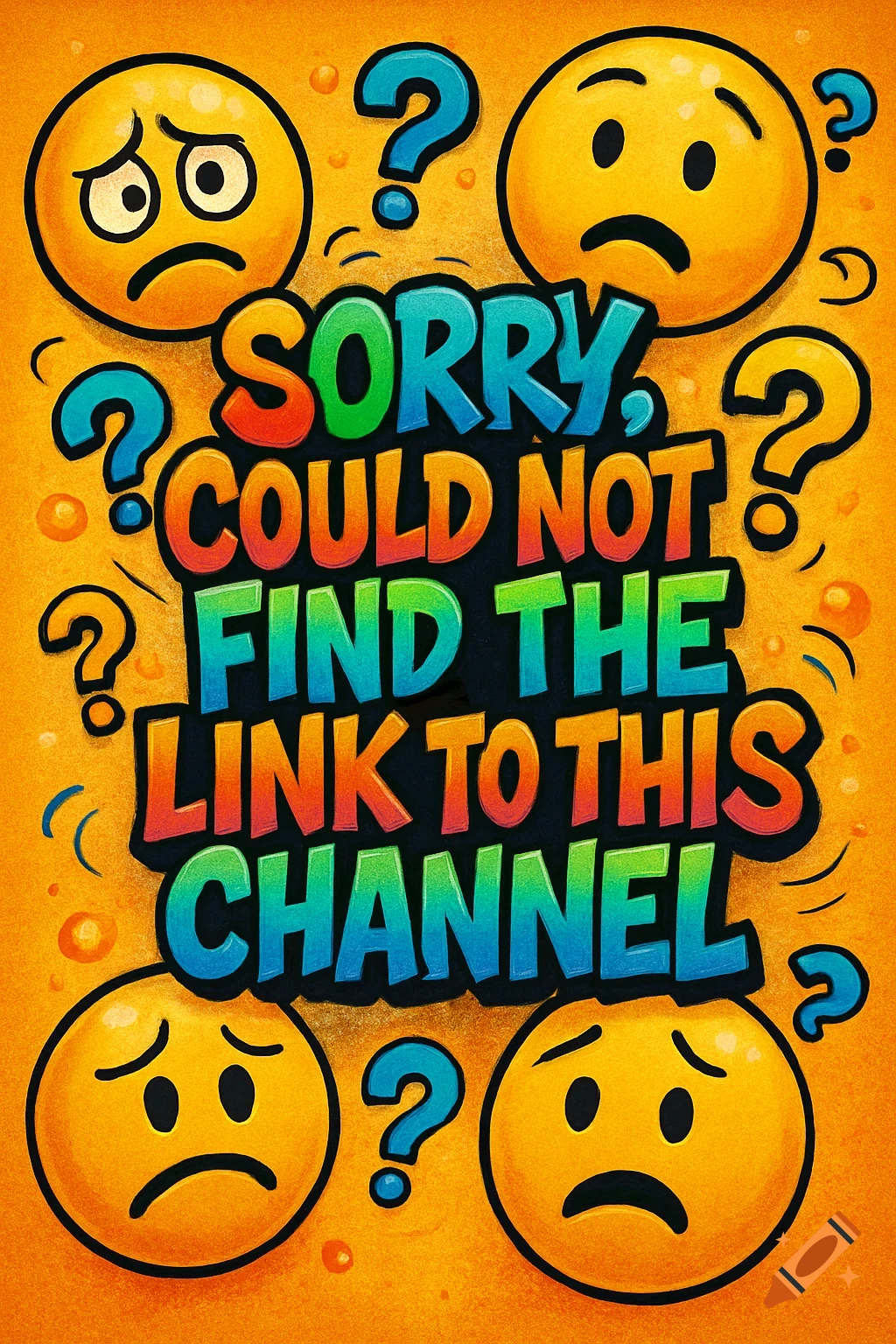 Colorful poster with sad emojis, question marks, and the text 'Sorry, could not find the link to this channel'.