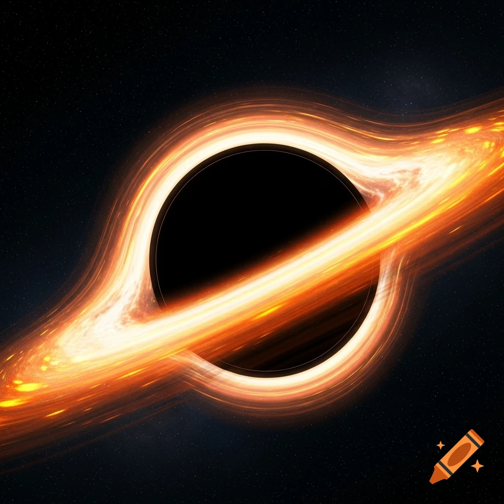 A glowing orange and yellow accretion disk swirls around a black void of a black hole against a star-filled dark space.