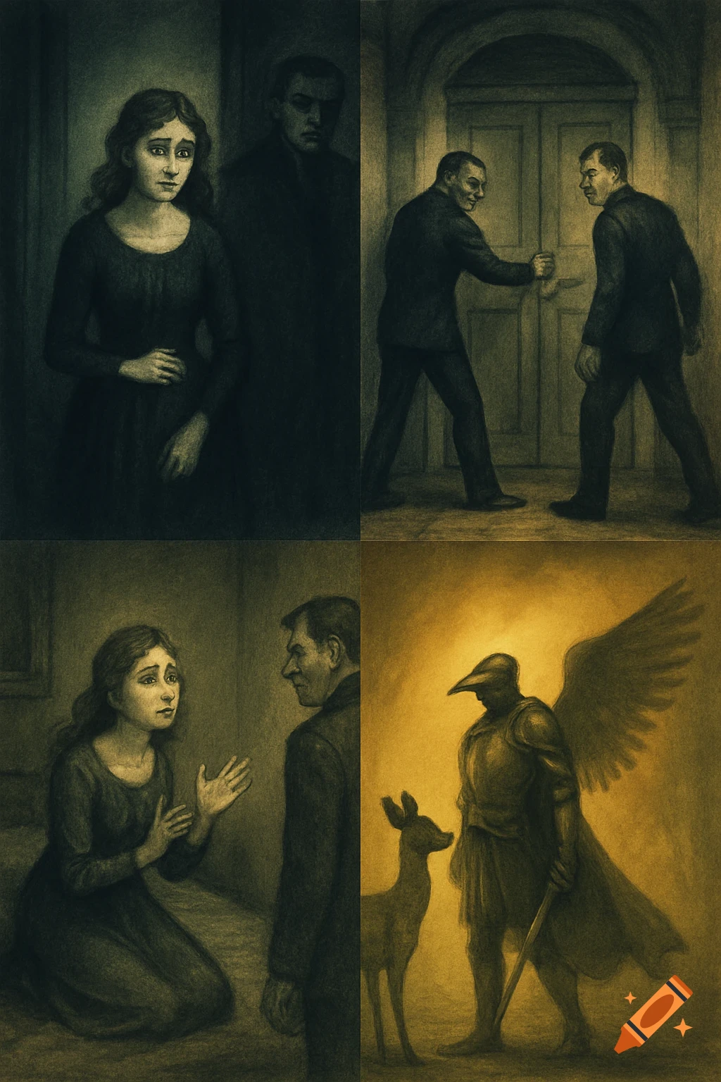 A four-panel, dark fantasy illustration. The top left shows a sad woman with a dark man behind her. The top right shows two men by a locked door. The bottom left shows the woman pleading with the man. The bottom right shows a winged, bird-headed knight with a deer, in golden light.