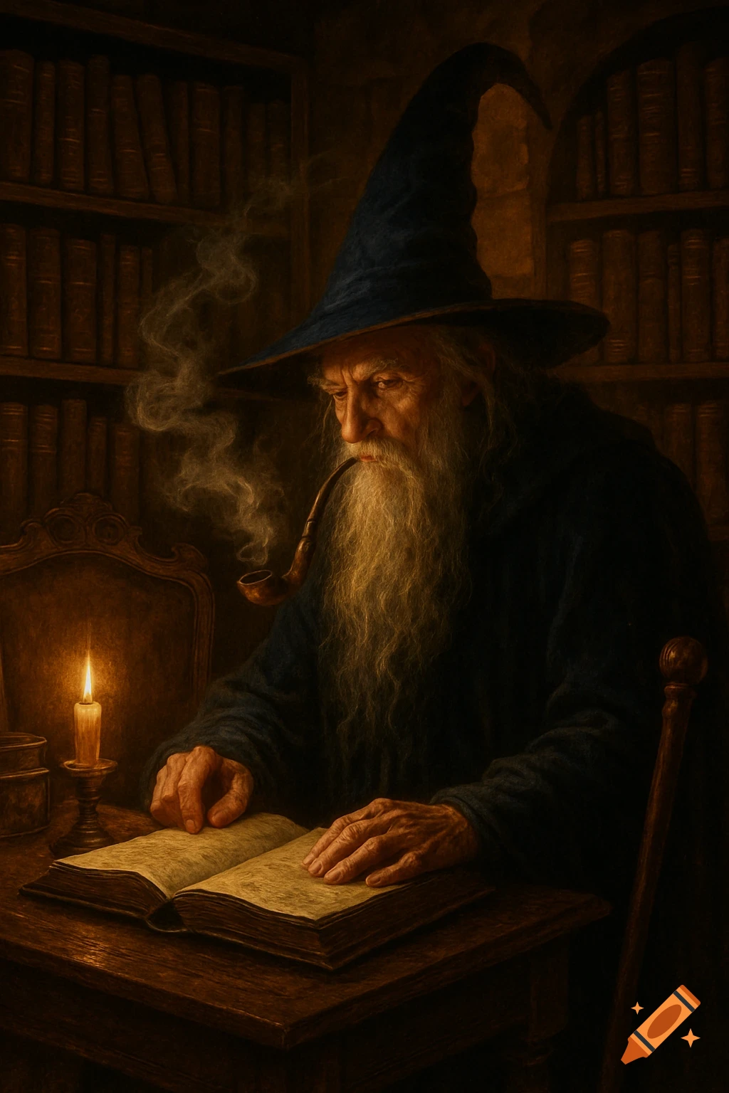 An old wizard with a long white beard and pointed blue hat smokes a pipe while reading a book by candlelight in a dimly lit study filled with bookshelves.