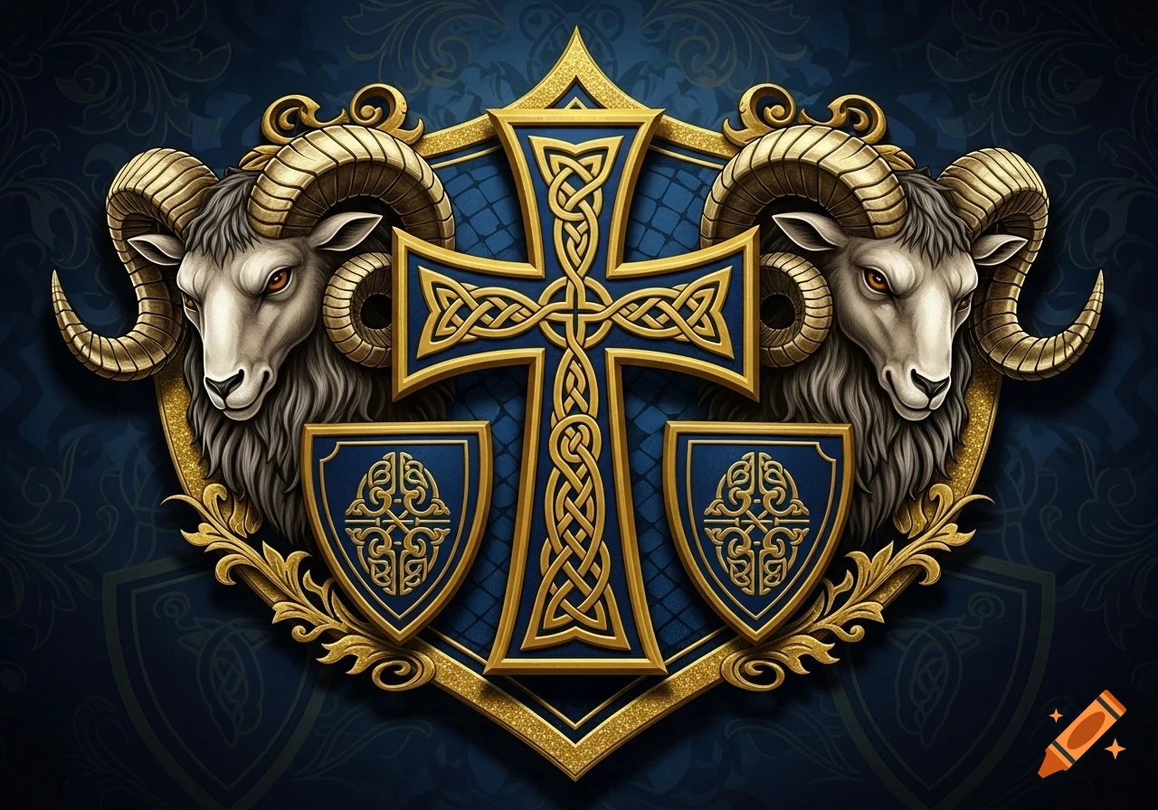 A stylized heraldic emblem with two golden-horned ram heads flanking a central ornate golden Celtic cross on a dark blue patterned background.