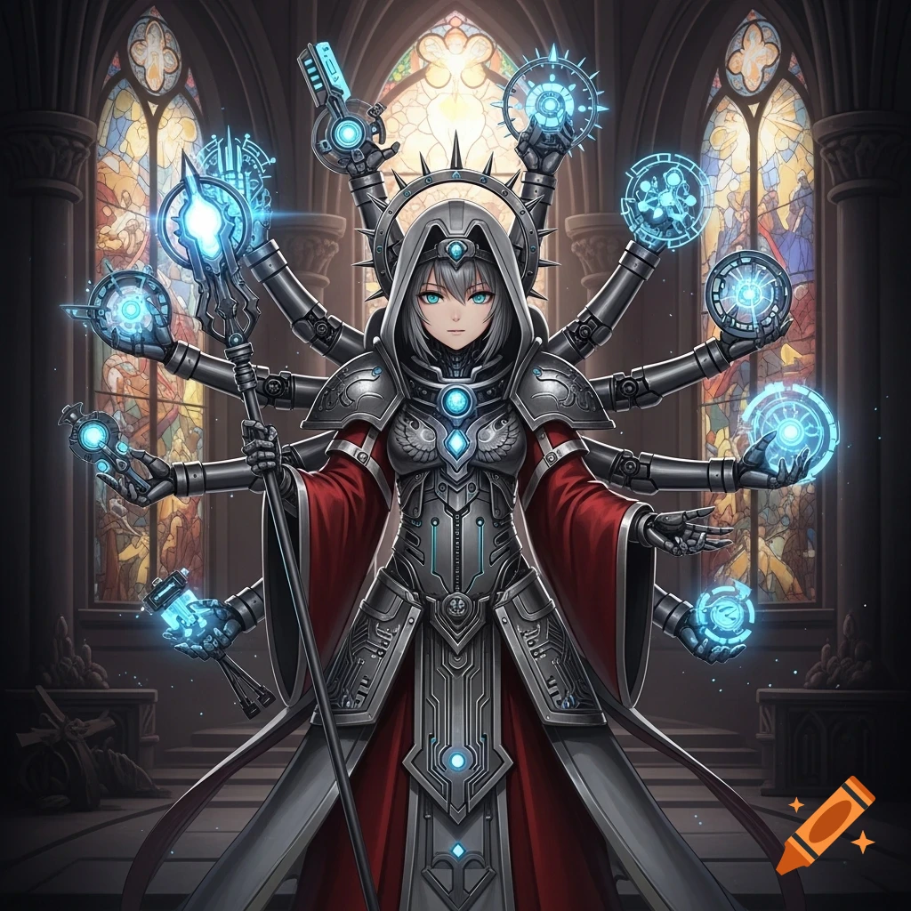 Anime girl in detailed gothic futuristic armor with multiple mechanical arms holding glowing tech orbs and a staff, in a cathedral.