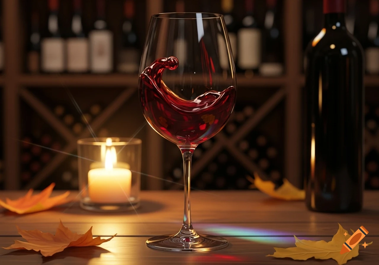 A photorealistic image of a wine glass with swirling red wine, a lit candle, and autumn leaves on a wooden table, with blurred wine bottles.