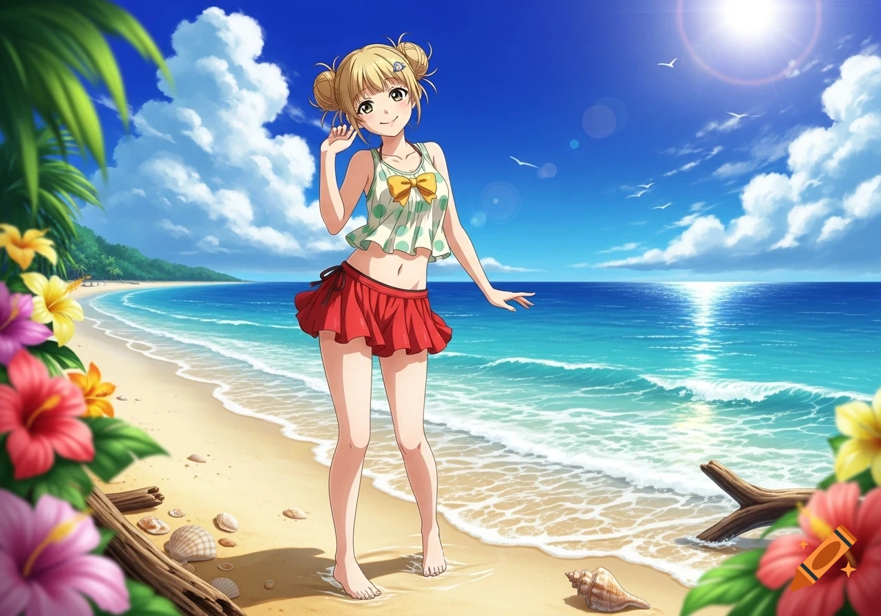 Anime girl with blonde buns, polka dot top, and red skirt stands on a sunny beach with blue ocean and tropical flowers.