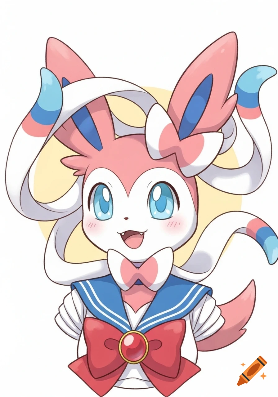 Chibi Sylveon, the pink and white Pokémon, smiling while wearing a blue and white sailor uniform with a red bow. 2D illustration.