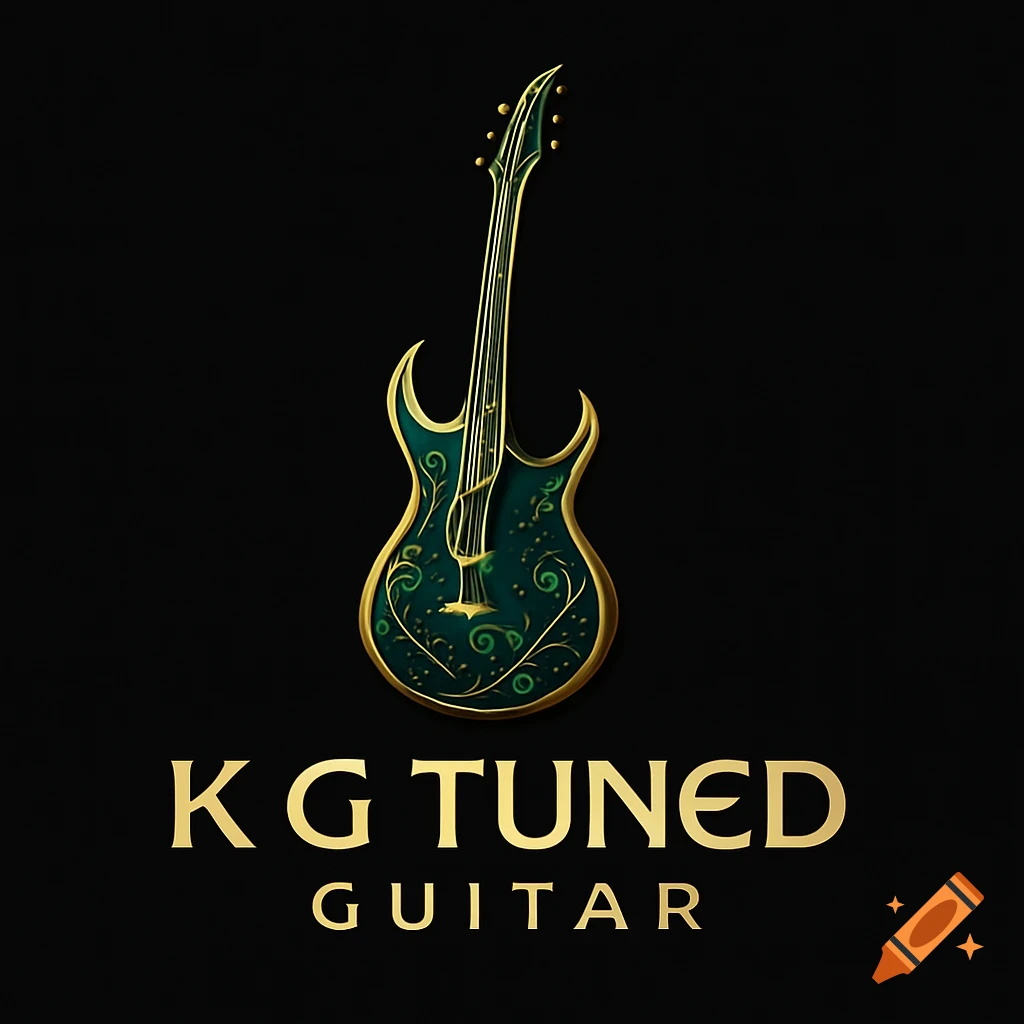 A gold and teal stylized electric guitar logo with ornate details and gold trim on a black background, above the gold text "KG TUNED GUITAR".